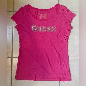 Guess Womens Embellished Cap Sleeve Tshirt Sz Large Pink Cotton